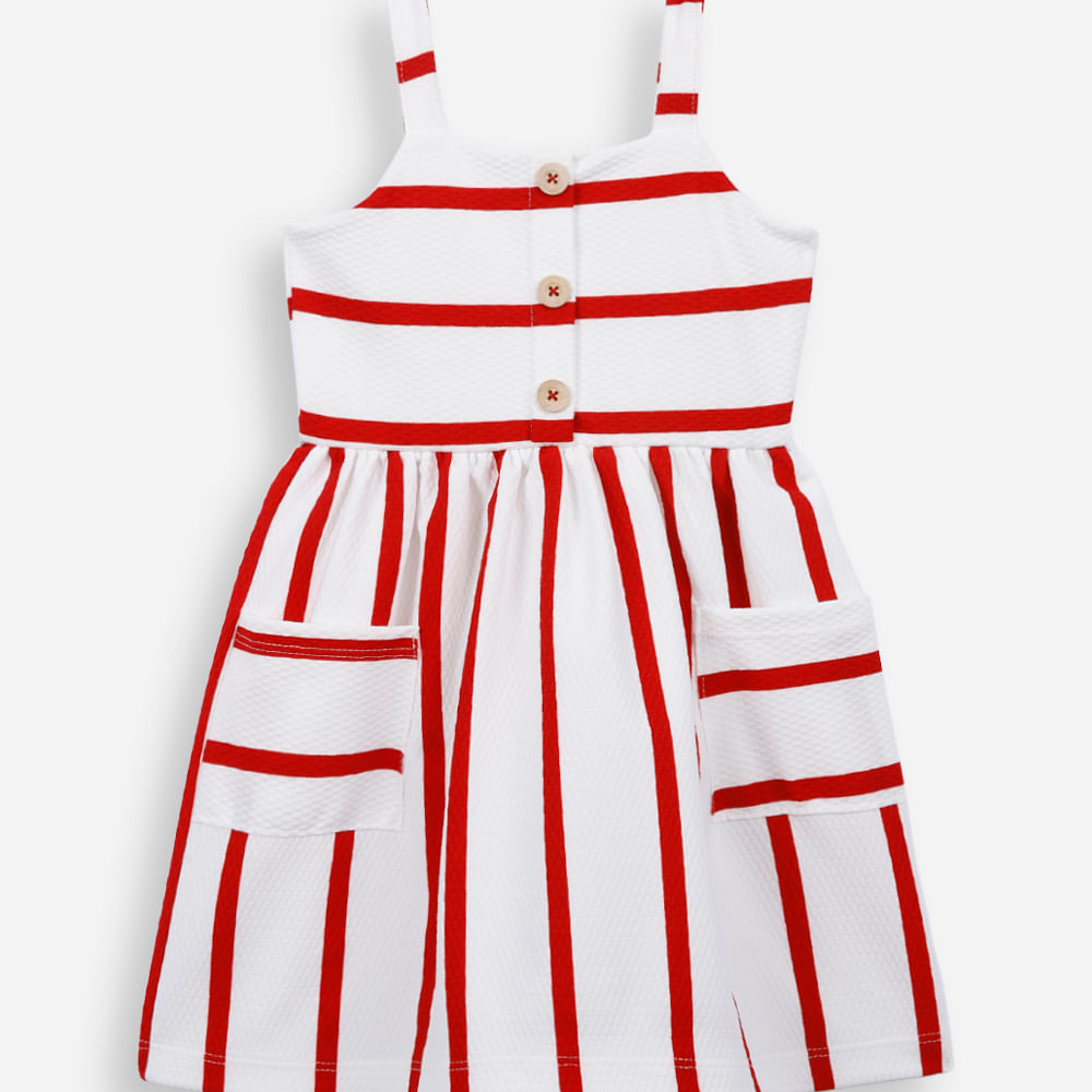 Vestido infantil de algodão texturizado listrado vermelho Vestido infantil de algodão texturizado listrado vermelho