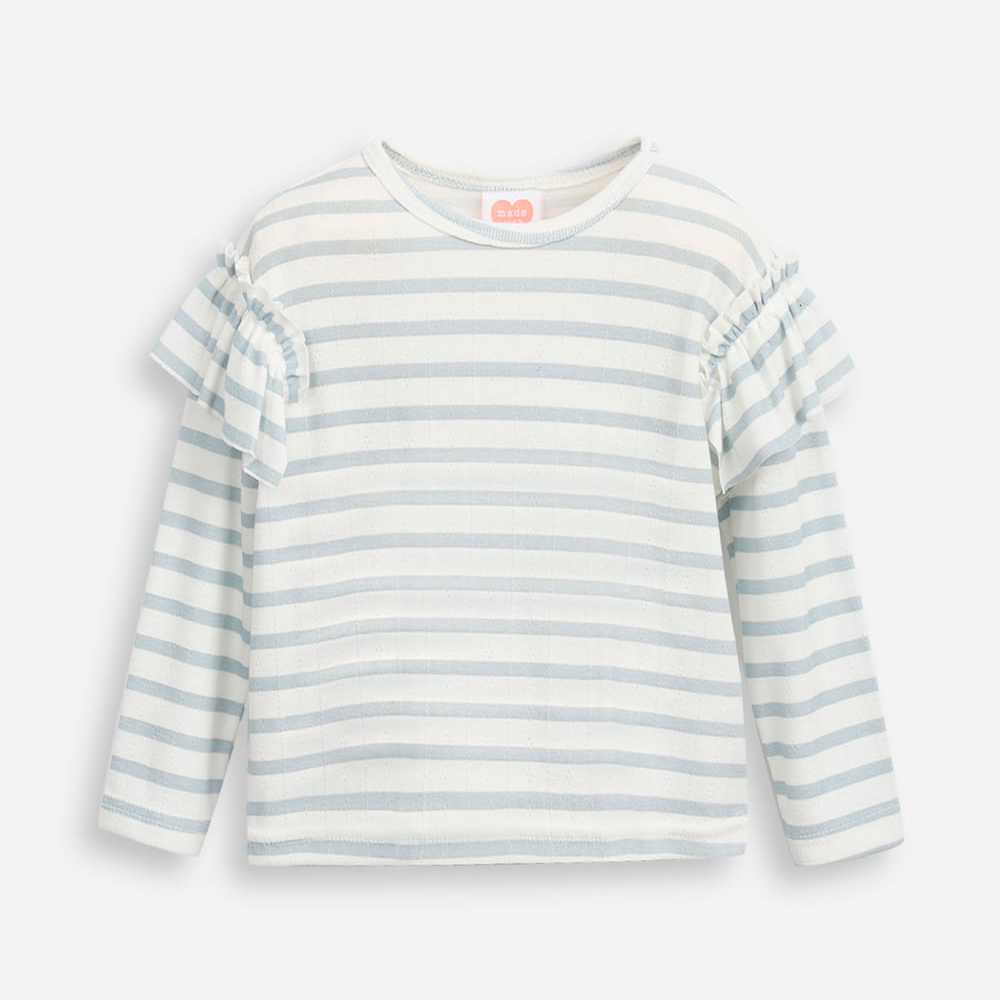 Blusa infantil manga longa com babado listrada azul