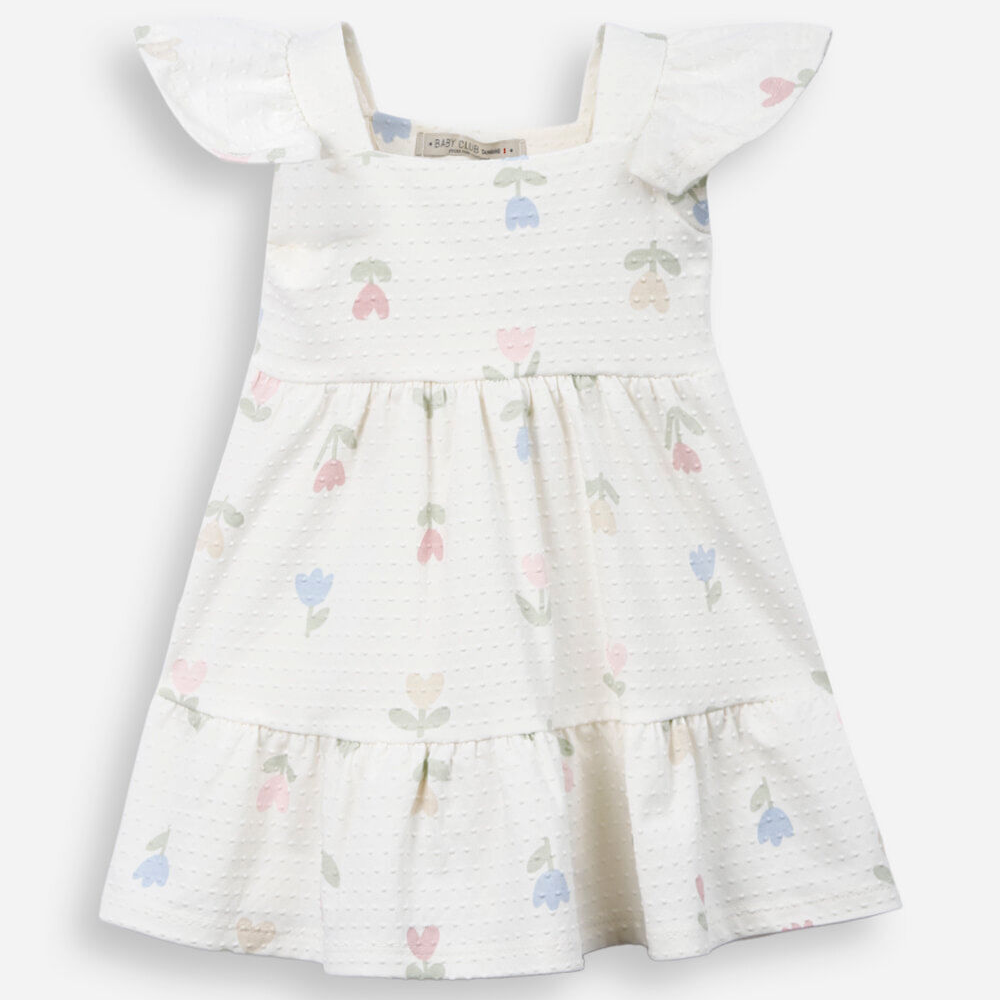 Vestido infantil de algodão texturizado floral off white Vestido infantil de algodão texturizado floral off white