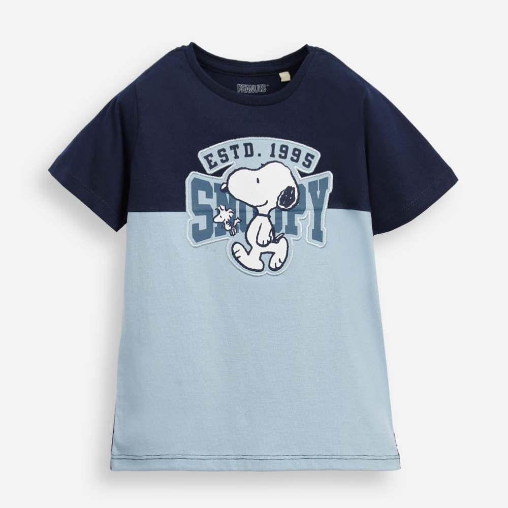 Camiseta de algodão infantil manga curta snoopy bicolor azul Camiseta de algodão infantil manga curta snoopy bicolor azul
