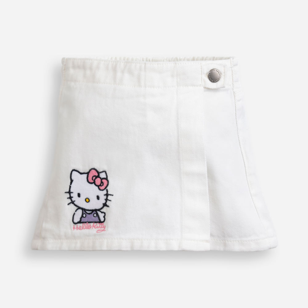 Short saia infantil de sarja com bordado hello kitty off white Short saia infantil de sarja com bordado hello kitty off white