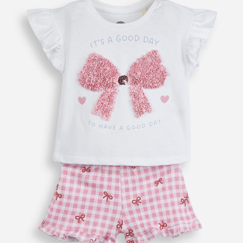 Conjunto curto infantil de algodão com laços xadrez off white