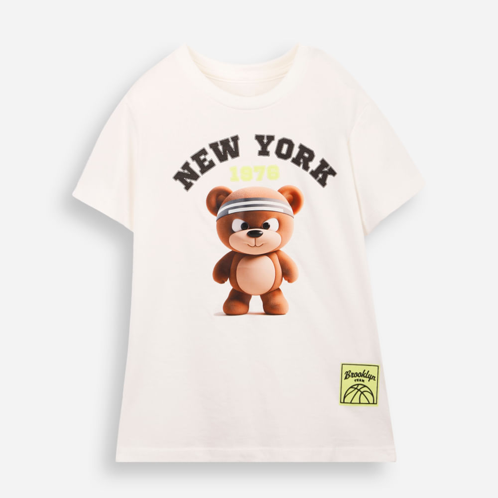 Camiseta infantil de algodão ursinho off white