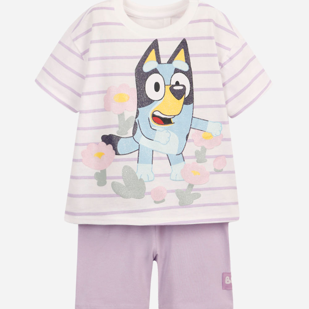 Conjunto curto infantil de algodão bluey listrado lilás Conjunto curto infantil de algodão bluey listrado lilás