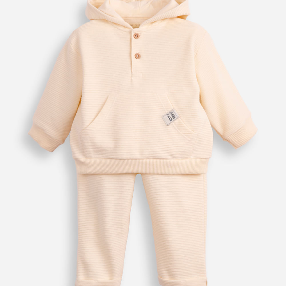 Conjunto de moletom infantil canelado com capuz bege Conjunto de moletom infantil canelado com capuz bege