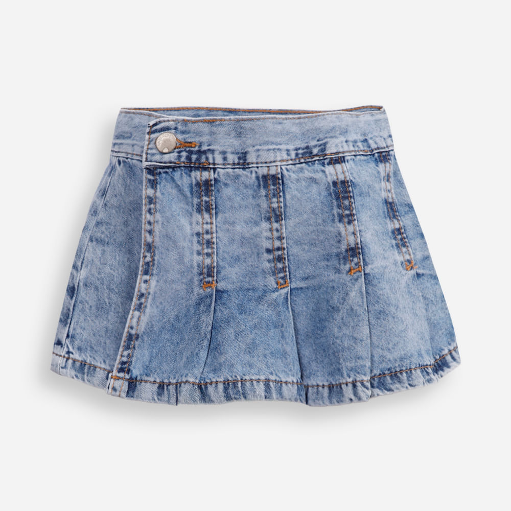 Short saia infantil jeans plissada azul Short saia infantil jeans plissada azul
