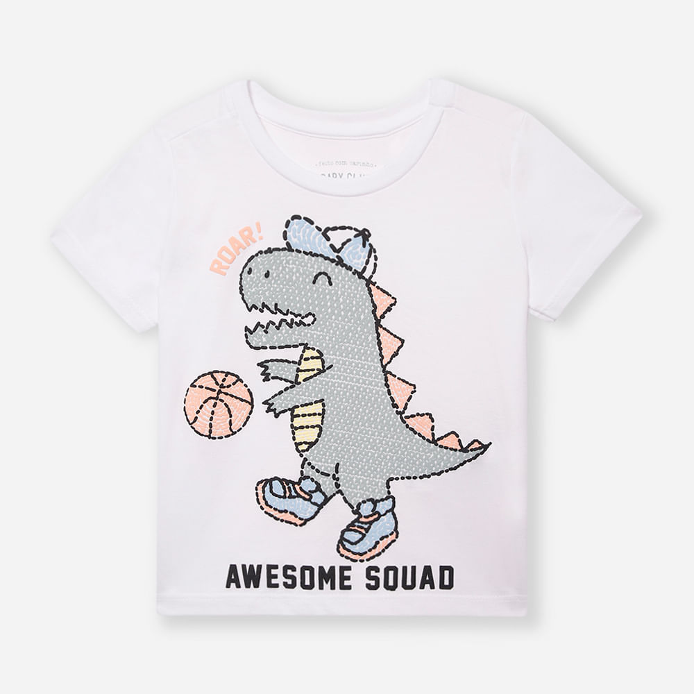 Camiseta de algodão infantil dinossauro branca Camiseta de algodão infantil dinossauro branca
