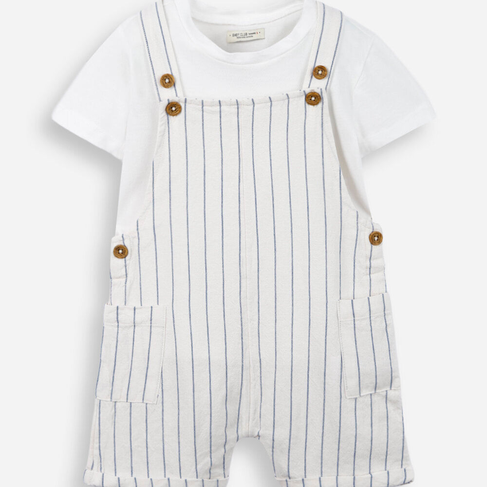 Macaquinho infantil de algodão listrado com camiseta branca Macaquinho infantil de algodão listrado com camiseta branca