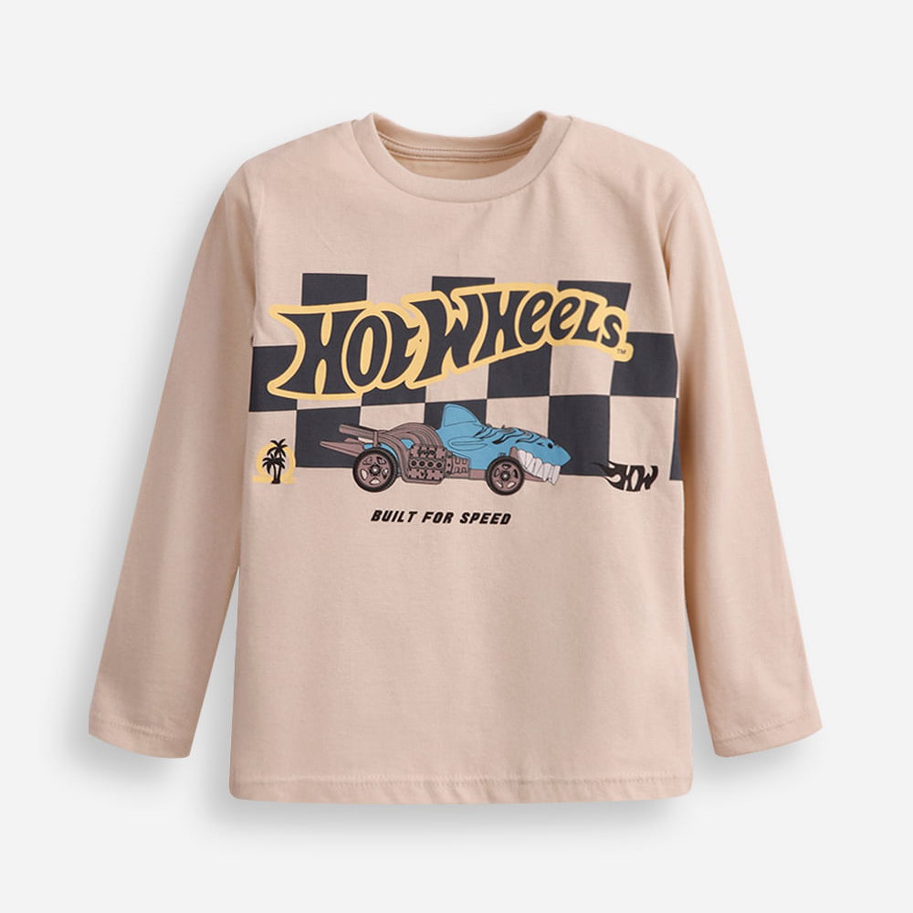 Blusa de algodão infantil manga longa hot wheels bege Blusa de algodão infantil manga longa hot wheels bege