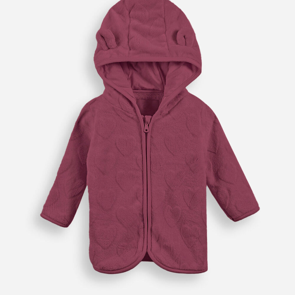 Jaqueta infantil com capuz e orelhas texturizada rosa Jaqueta infantil com capuz e orelhas texturizada rosa