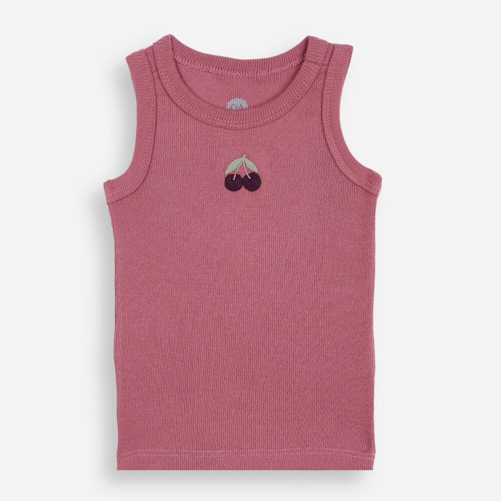 Regata infantil de algodão com bordado cereja canelada rosa Regata infantil de algodão com bordado cereja canelada rosa