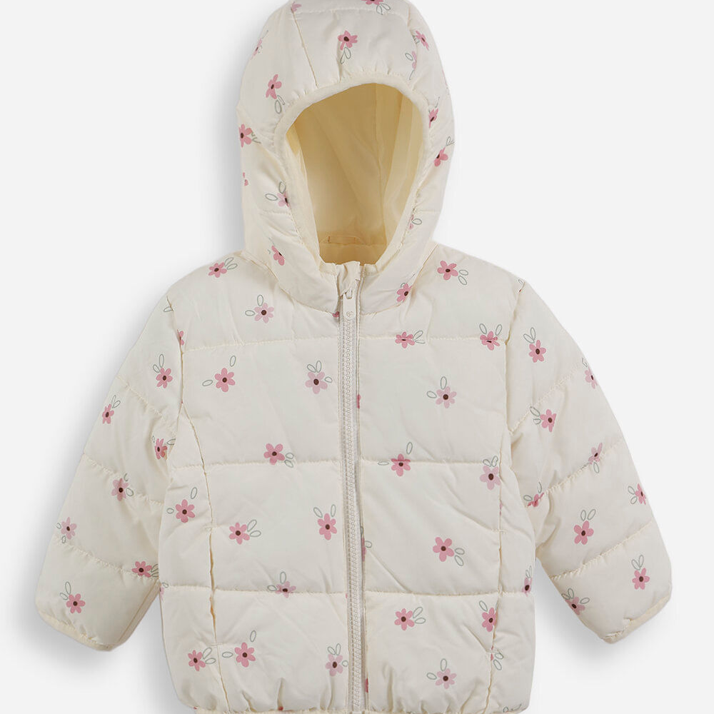 Jaqueta puffer infantil com capuz floral off white Jaqueta puffer infantil com capuz floral off white