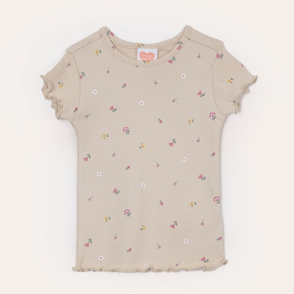 Blusa infantil de algodão floral fru fru bege Blusa infantil de algodão floral fru fru bege