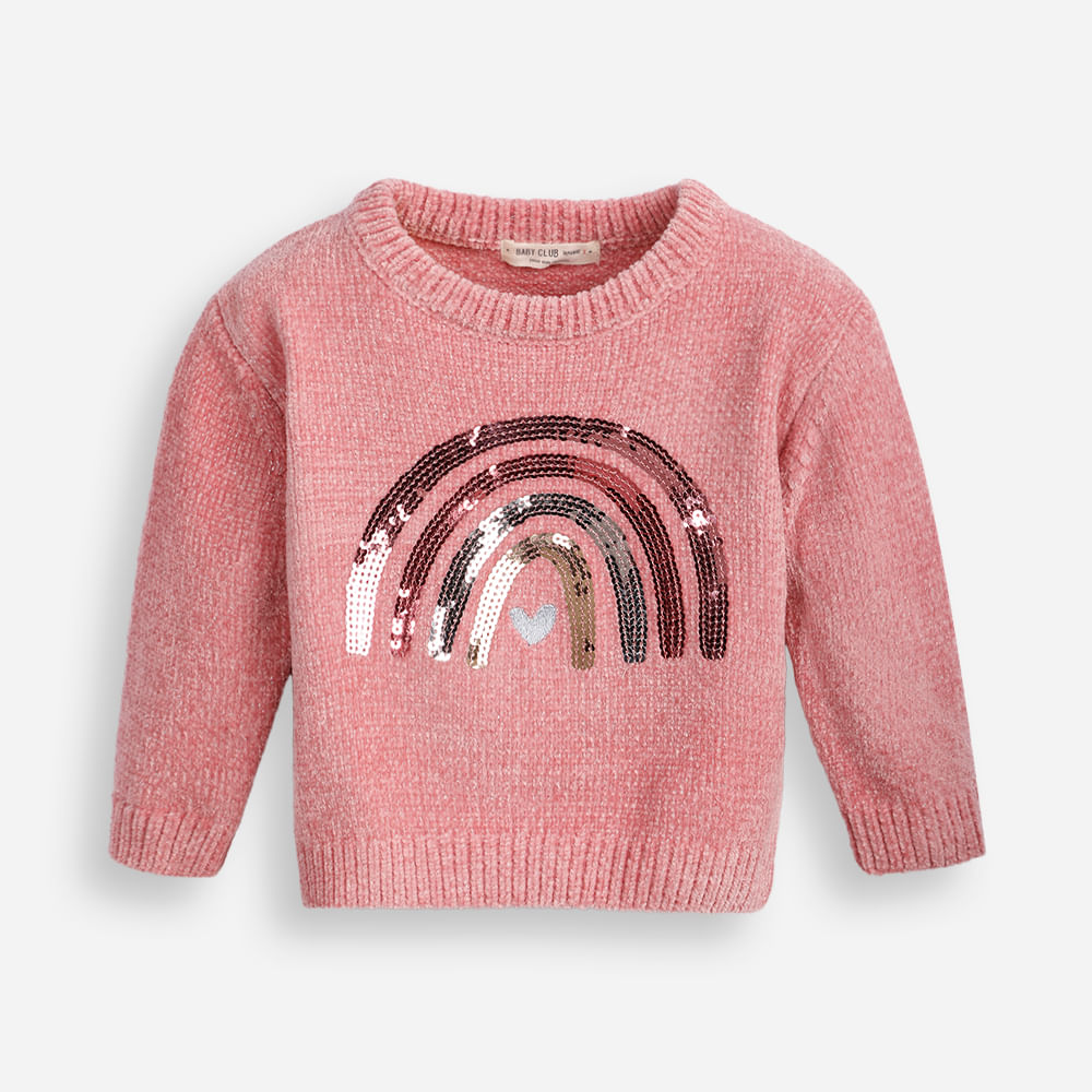 Suéter de tricot infantil arco íris paetê rosa Suéter de tricot infantil arco íris paetê rosa