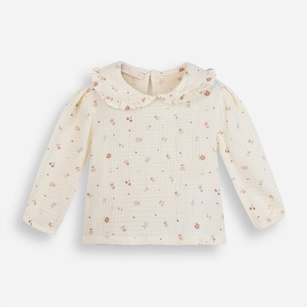 Bata infantil de algodão manga longa floral off white Bata infantil de algodão manga longa floral off white