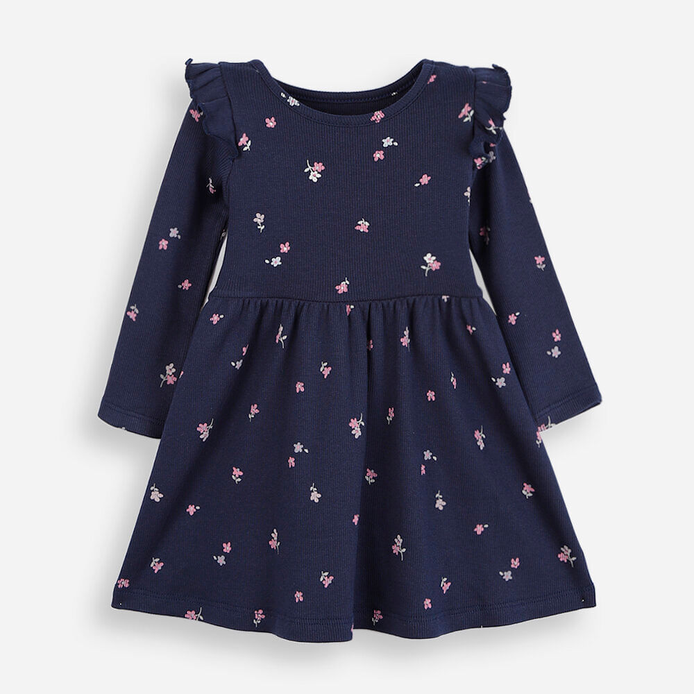 Vestido infantil de algodão manga longa com babado floral azul Vestido infantil de algodão manga longa com babado floral azul