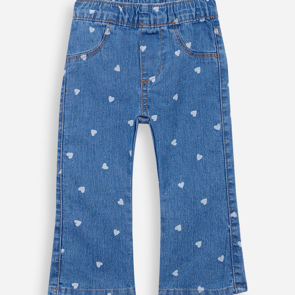 Calça flare infantil jeans com corações azul Calça flare infantil jeans com corações azul