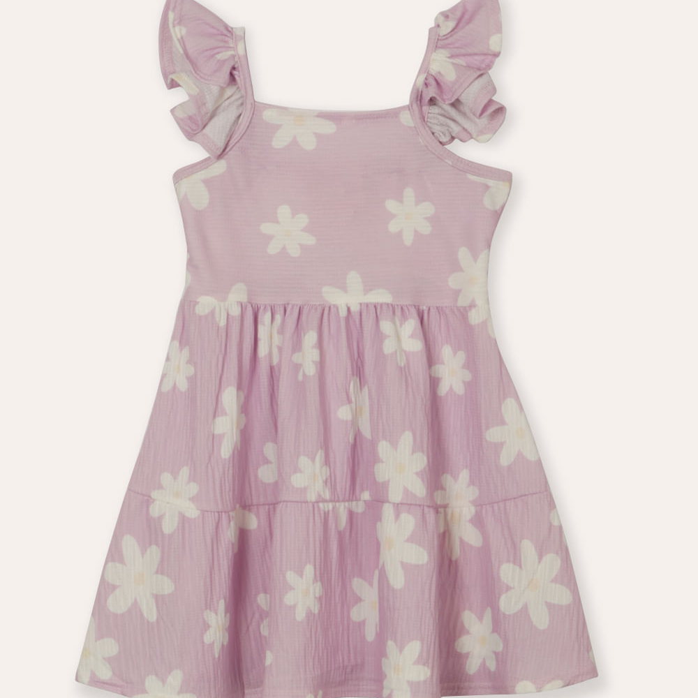 Vestido midi infantil alça babados floral lilás Vestido midi infantil alça babados floral lilás