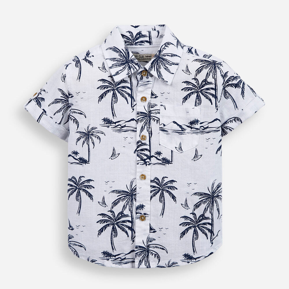 Camisa de algodão infantil coqueiros manga curta com bolso branca Camisa de algodão infantil coqueiros manga curta com bolso branca