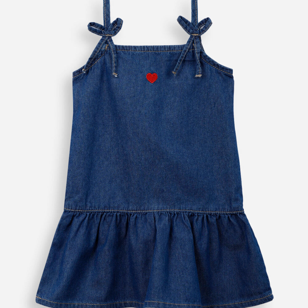 Vestido alça fina infantil jeans com recorte e bordado azul Vestido alça fina infantil jeans com recorte e bordado azul