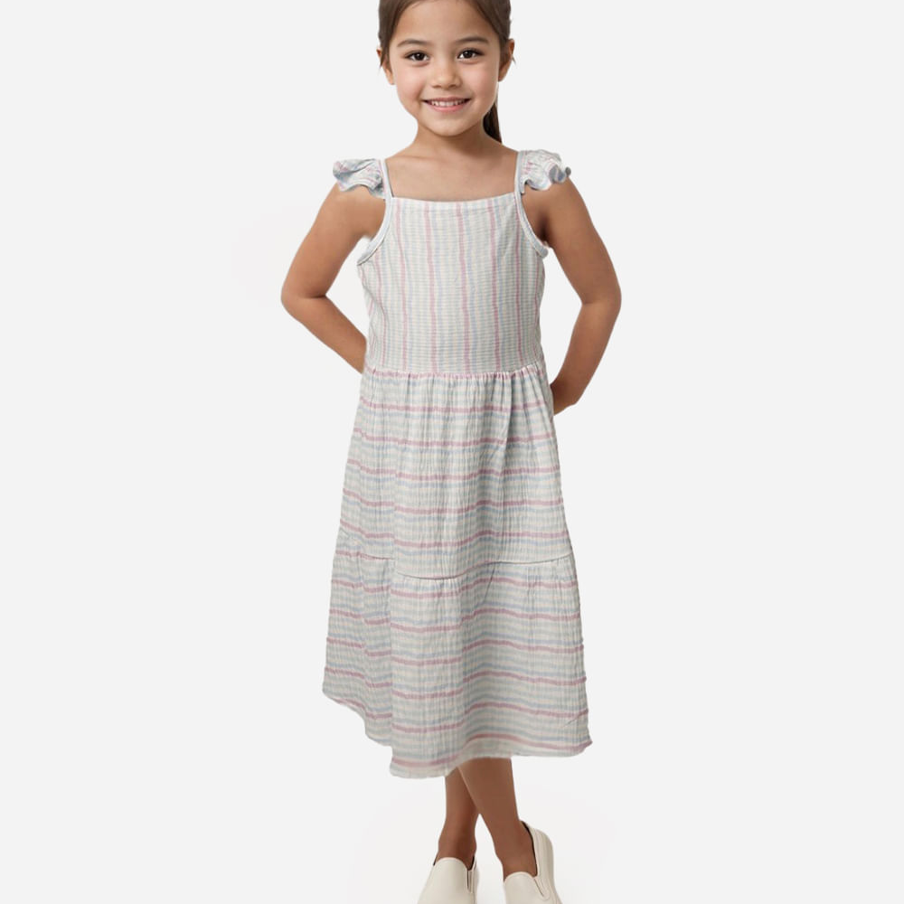 Vestido midi infantil com babado listrado off white Vestido midi infantil com babado listrado off white