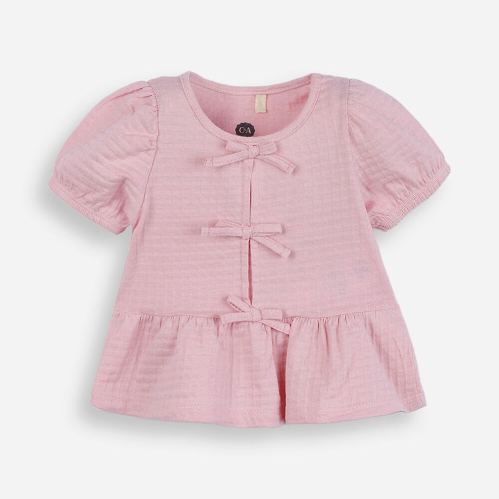 Blusa peplum infantil de algodão com laços rosa Blusa peplum infantil de algodão com laços rosa