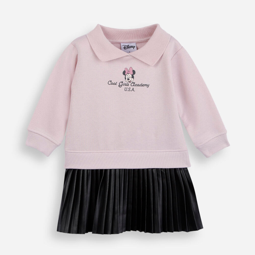 Vestido infantil de moletom polo e saia plissada minnie rosa Vestido infantil de moletom polo e saia plissada minnie rosa