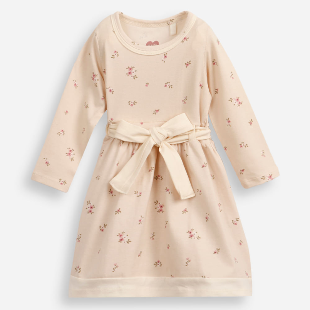 Vestido infantil de algodão manga longa com faixa floral bege Vestido infantil de algodão manga longa com faixa floral bege
