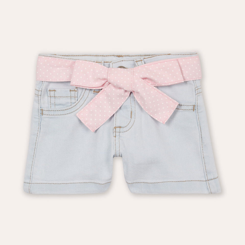 Short clochard infantil jeans com faixa poá azul Short clochard infantil jeans com faixa poá azul