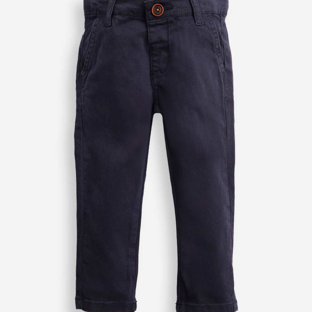 Calça slim infantil de sarja com bolso chino azul Calça slim infantil de sarja com bolso chino azul