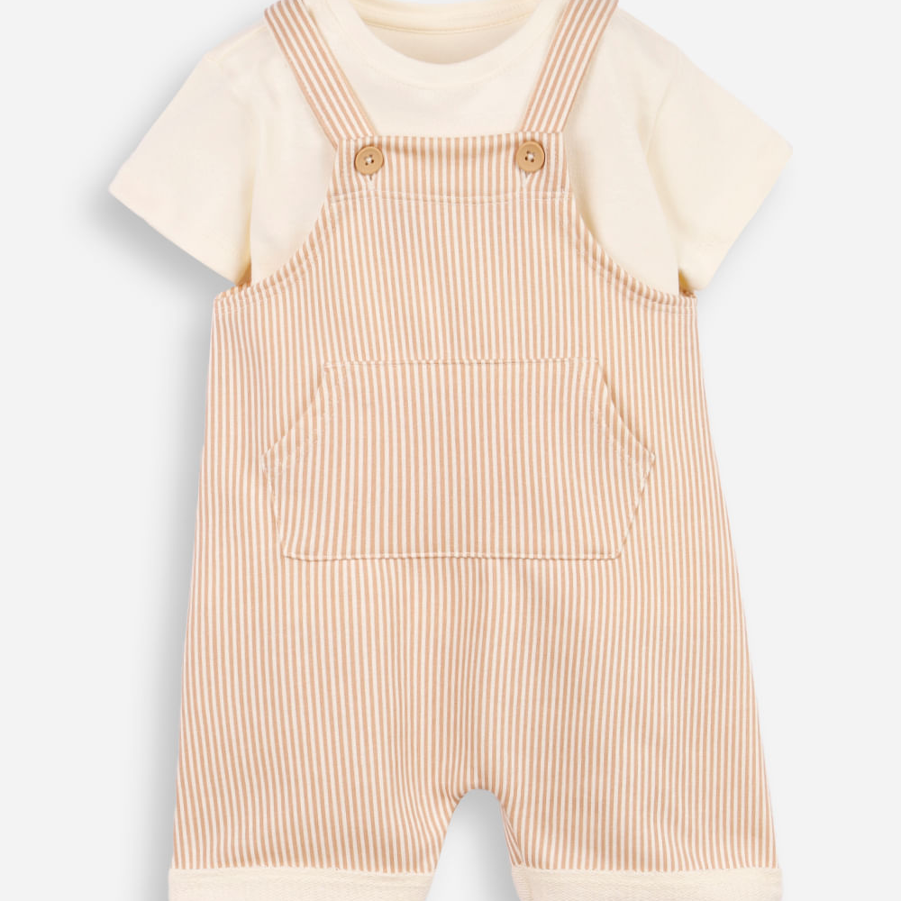 Kit jardineira infantil listrado com blusa bege Kit jardineira infantil listrado com blusa bege
