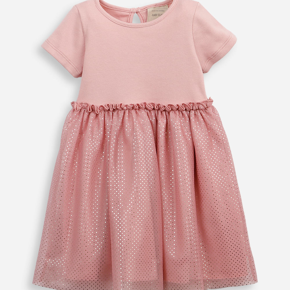 Vestido infantil com tule floral metalizado rosa Vestido infantil com tule floral metalizado rosa