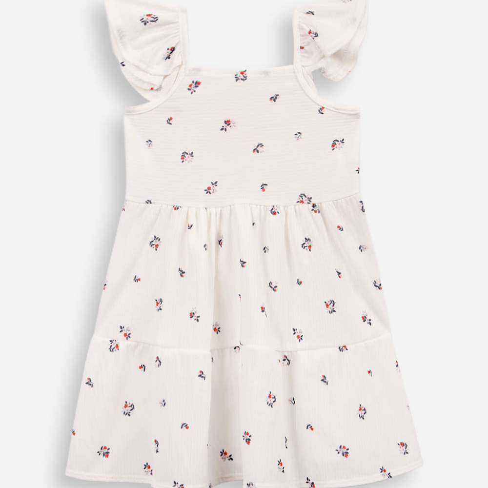 Vestido infantil com recortes e babados floral texturizado off white Vestido infantil com recortes e babados floral texturizado off white