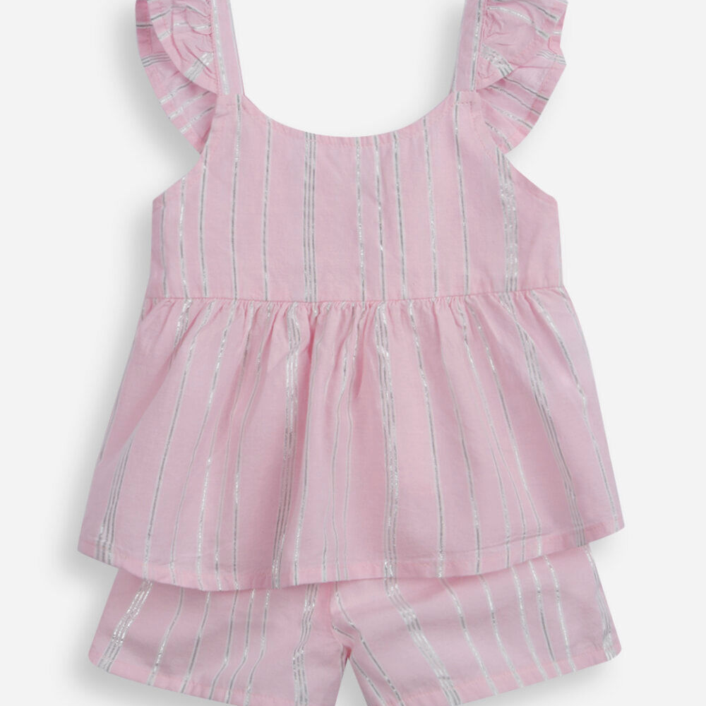 Conjunto curto infantil de algodão com lurex listrado rosa Conjunto curto infantil de algodão com lurex listrado rosa