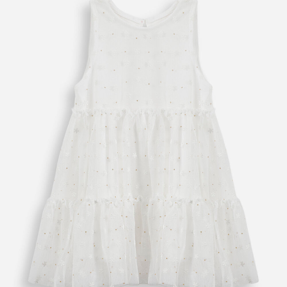 Vestido infantil cavado de tule florzinhas off white Vestido infantil cavado de tule florzinhas off white