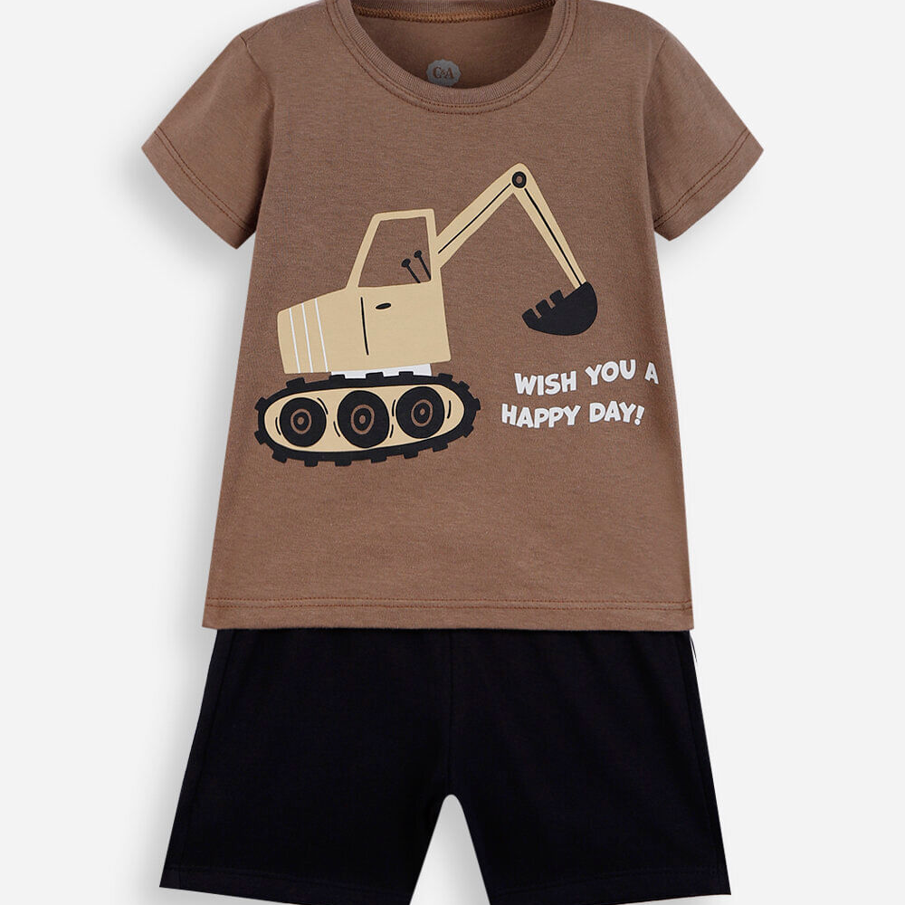 Conjunto infantil curto de algodão escavadeira marrom Conjunto infantil curto de algodão escavadeira marrom