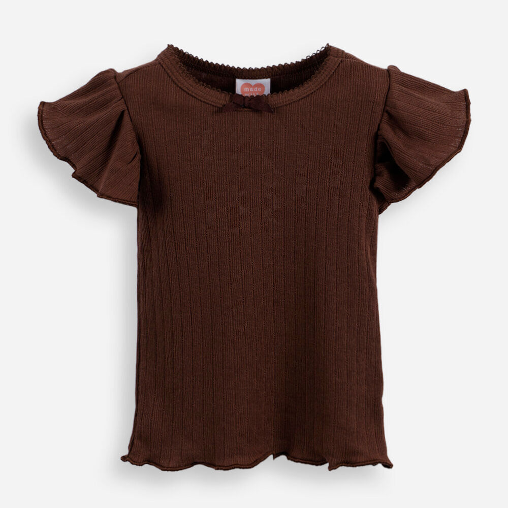 Blusa infantil com algodão e laço canelada marrom Blusa infantil com algodão e laço canelada marrom