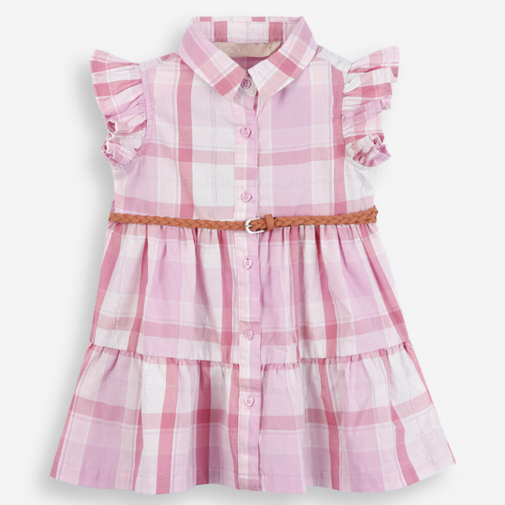 Vestido infantil com babados e cinto xadrez rosa Vestido infantil com babados e cinto xadrez rosa