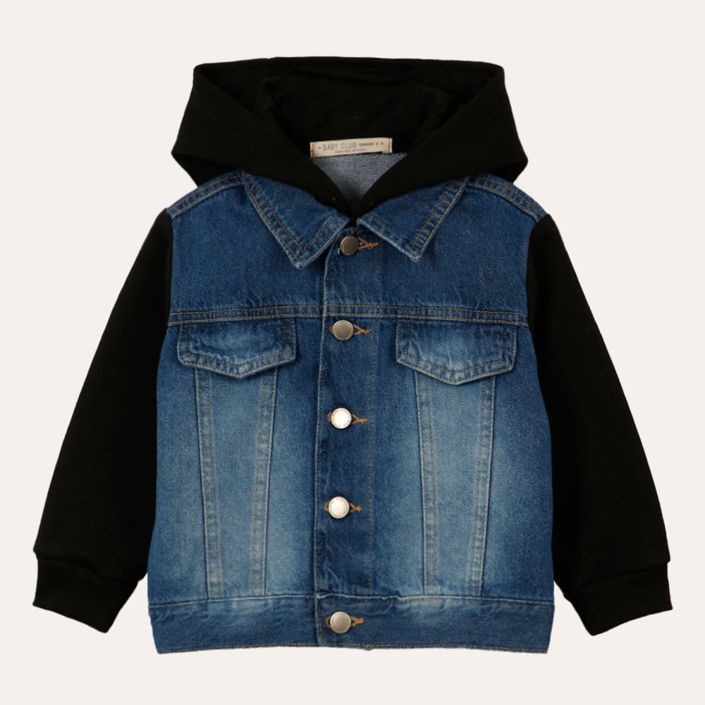 Jaqueta jeans infantil com manga e capuz de moletom preto Jaqueta jeans infantil com manga e capuz de moletom preto
