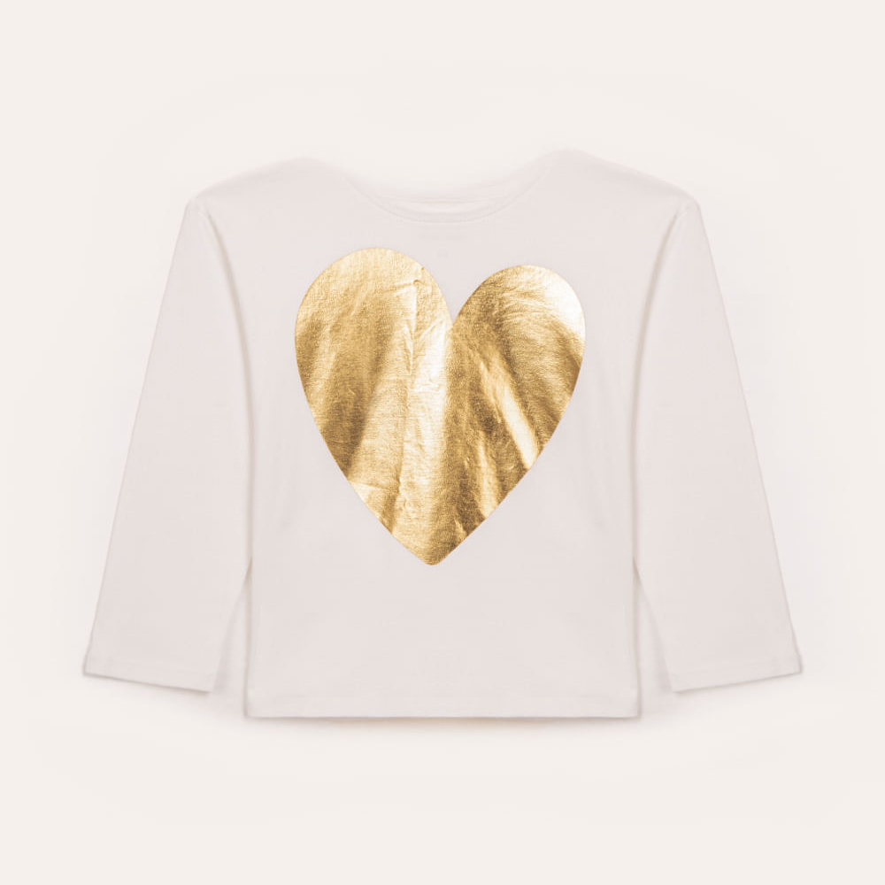 Blusa infantil manga longa coração metalizado off white Blusa infantil manga longa coração metalizado off white