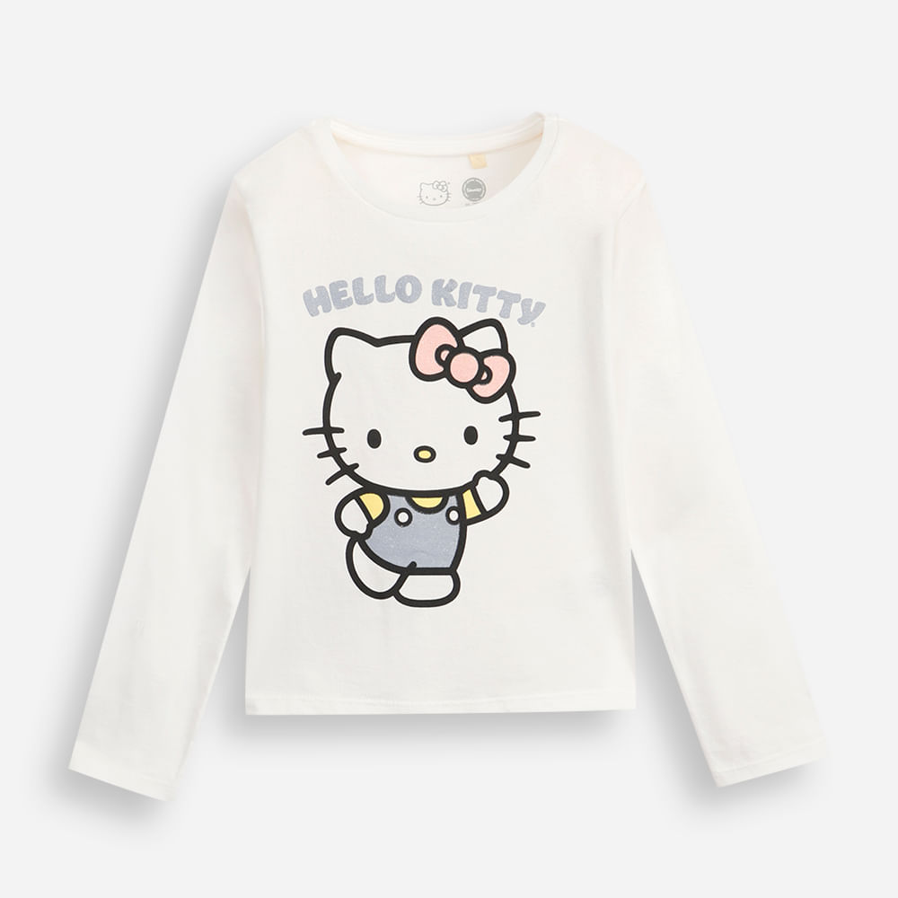 Blusa infantil de algodão manga longa hello kitty com glitter off white Blusa infantil de algodão manga longa hello kitty com glitter off white