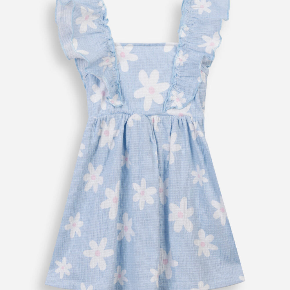 Vestido infantil de algodão com babado floral texturizado azul Vestido infantil de algodão com babado floral texturizado azul