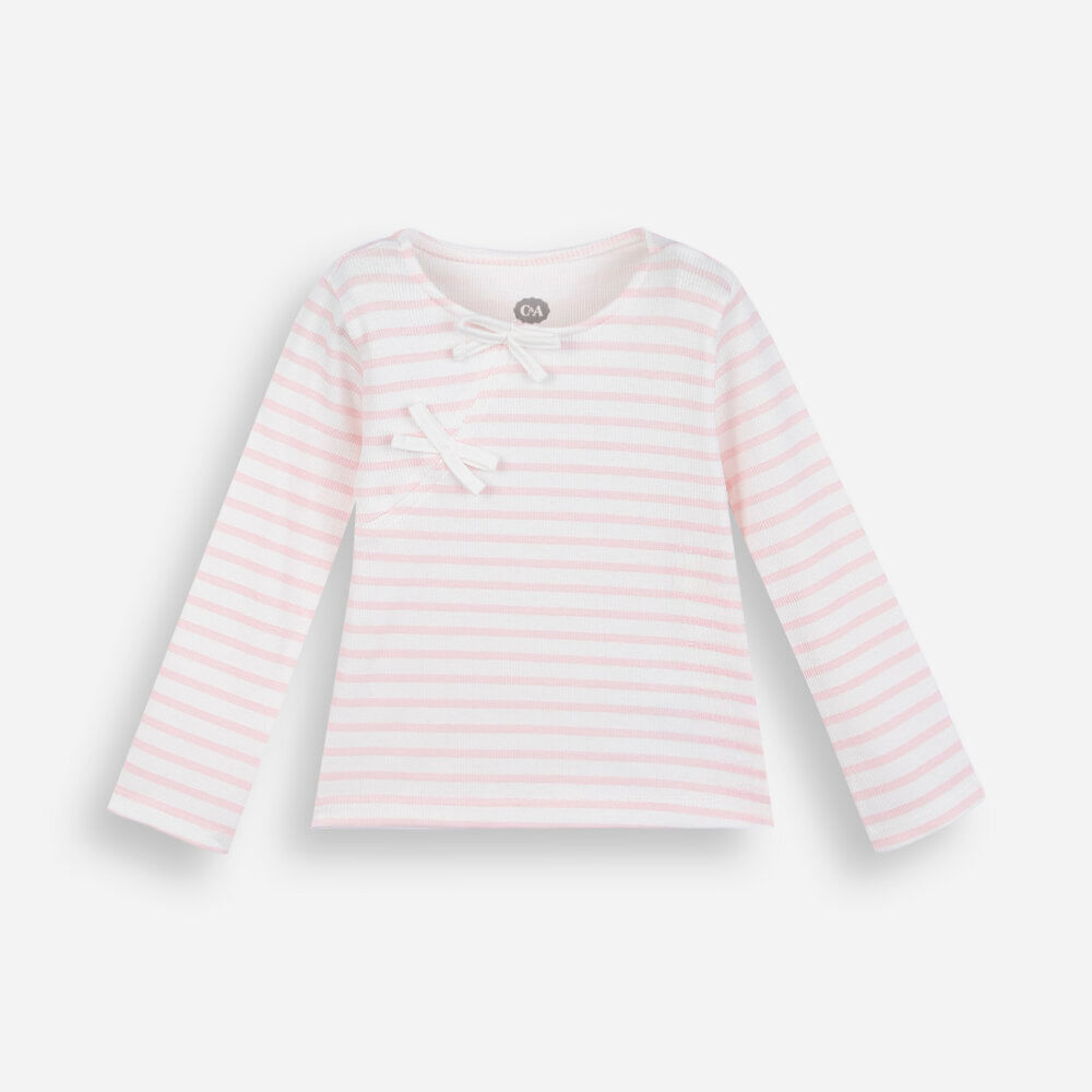 Blusa infantil de algodão com laços listrada canelada rosa Blusa infantil de algodão com laços listrada canelada rosa