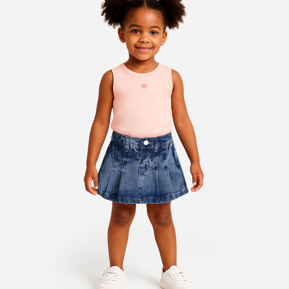 Short saia plissada infantil com pregas - jeans medio Short saia plissada infantil com pregas - jeans medio