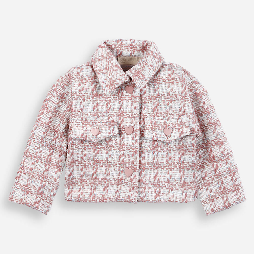 Casaco infantil de tweed com corações e lurex rosa Casaco infantil de tweed com corações e lurex rosa