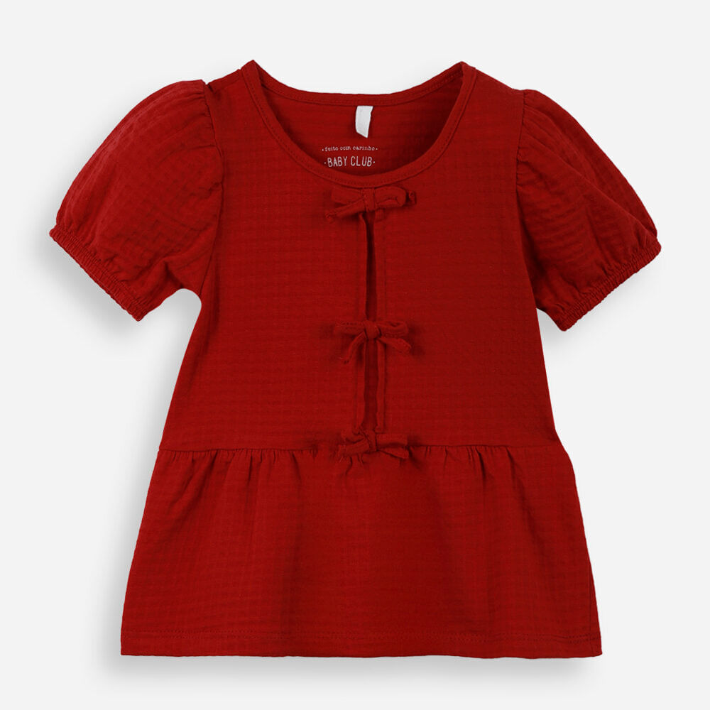 Blusa de algodão infantil com lacinho texturizada vermelha Blusa de algodão infantil com lacinho texturizada vermelha