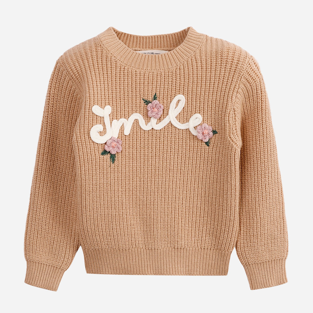 Suéter infantil de tricot smile floral bege Suéter infantil de tricot smile floral bege