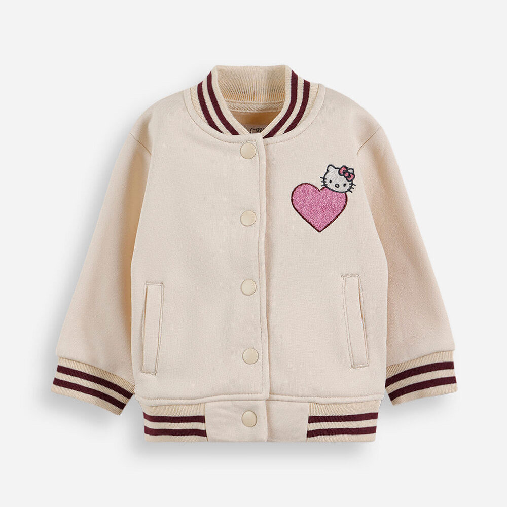 Jaqueta bomber college infantil de moletom hello kitty bege Jaqueta bomber college infantil de moletom hello kitty bege
