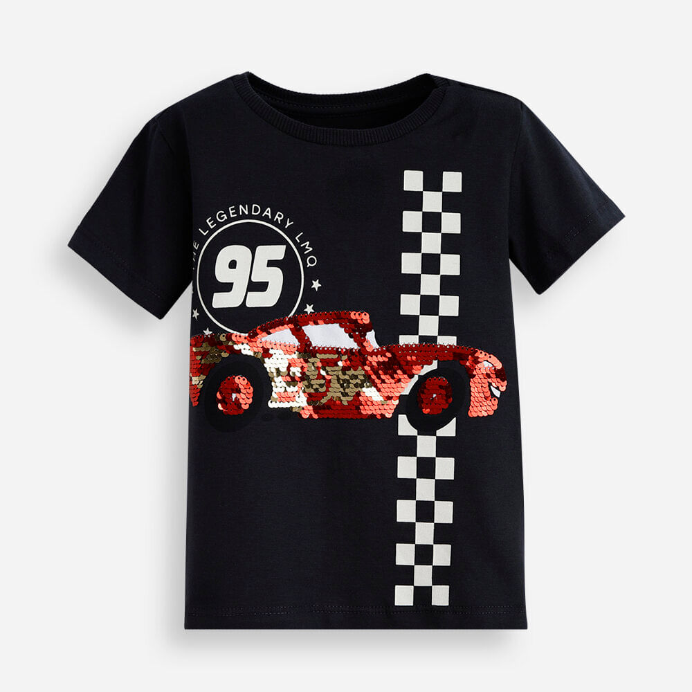 Camiseta infantil de algodão bordado carro cinza Camiseta infantil de algodão bordado carro cinza