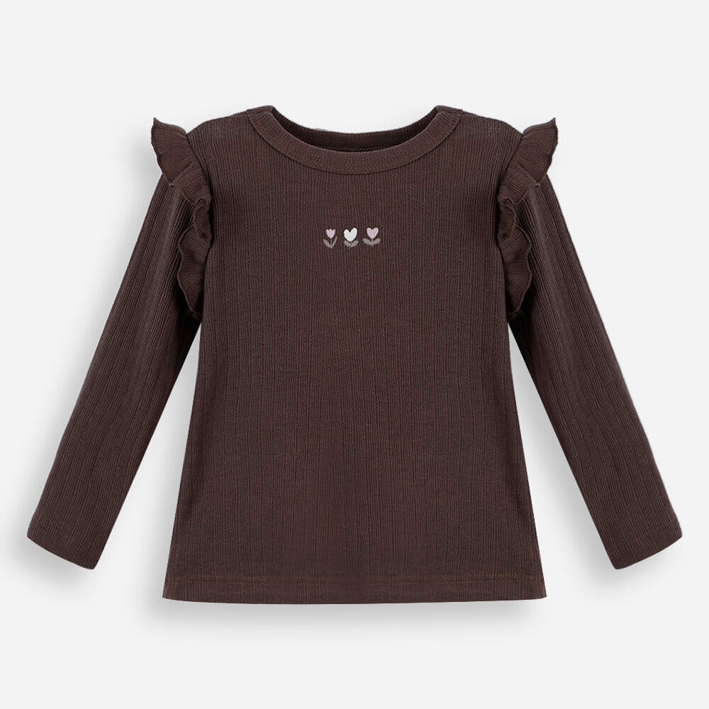 Blusa infantil manga longa canelada com babado marrom Blusa infantil manga longa canelada com babado marrom